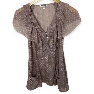 Nordstrom Daniel Rainn Dusty Rose Blush Pink Sheer Polka Dot Blouse Ruffle Top S